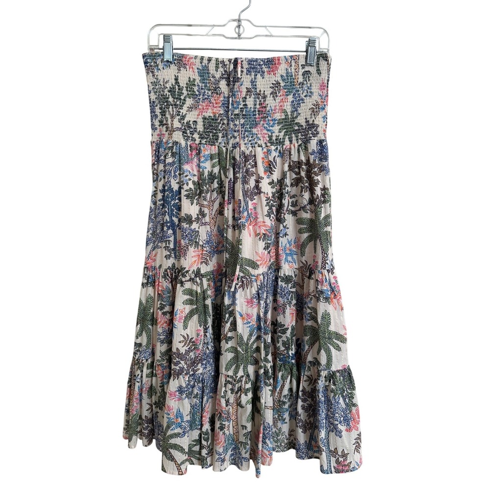 Tori Richard Metallic Lurex Tropical Palm Strapless Smocked Maxi Dress M